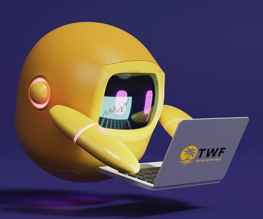 Friendly robot making automated trades on a laptop